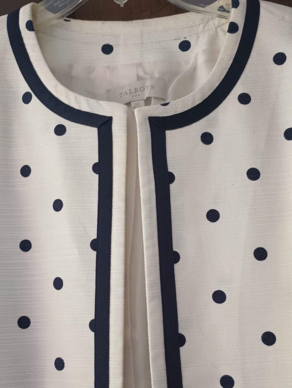 Talbots White Polka Dot Collarless Blazer with Navy Trim - Picture 4 of 7